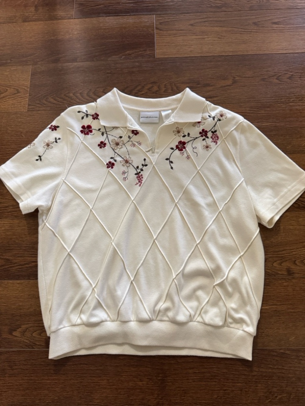 Alfred Dunner Ivory Short-Sleeve Knit Top with Floral Embroidery